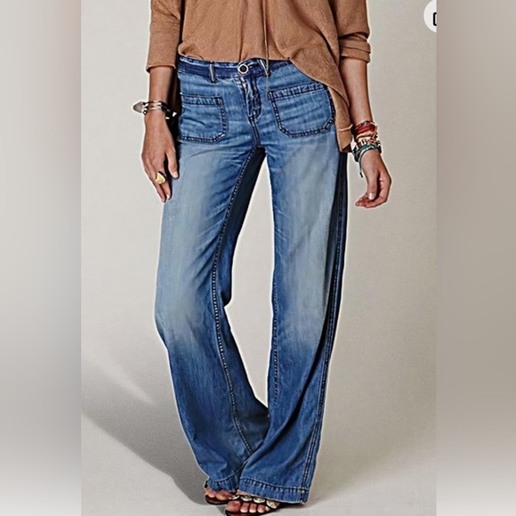 flamingals Denim - Flamingals Women's Pocket Detail Wide Leg Jeans Low Waist Vintage Pants XL